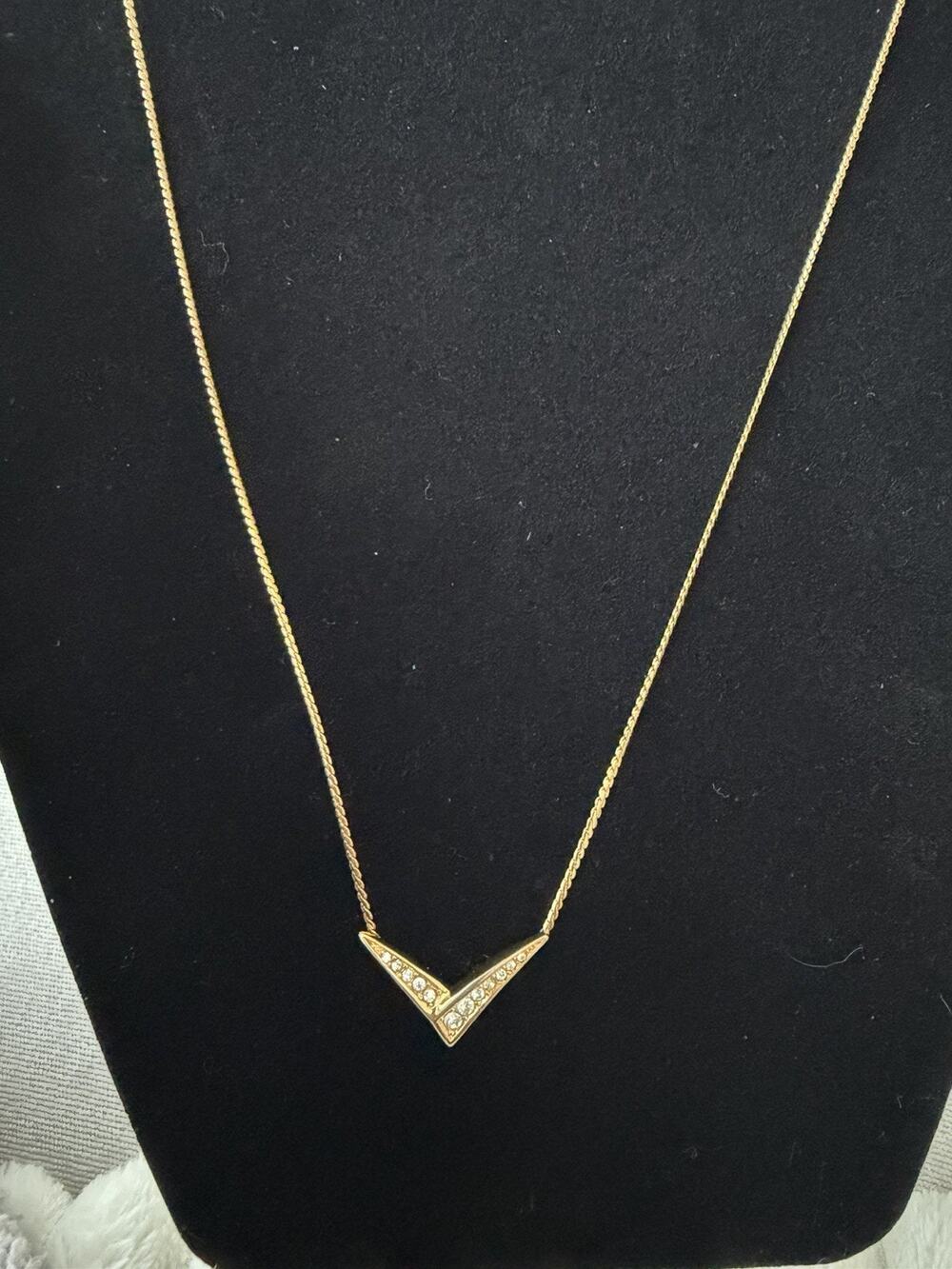 ⁠Vintage Christian Dior Gold Rhinestone Chevron V Pendant Necklace 18” w/ COA